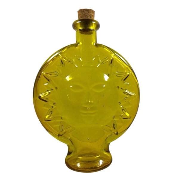 Vintage Yellow Glass Sun Face Bottle Vase with Cork Stopper Retro Mid Century - Picture 3 of 8